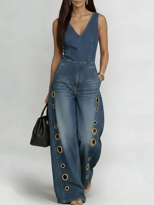 Women's V-neck Sleeveless Casual Loose Denim Wide-leg Jumpsuit