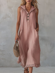 Casual Spliced lace-trimmed Linen And Cotton Hooded Dress