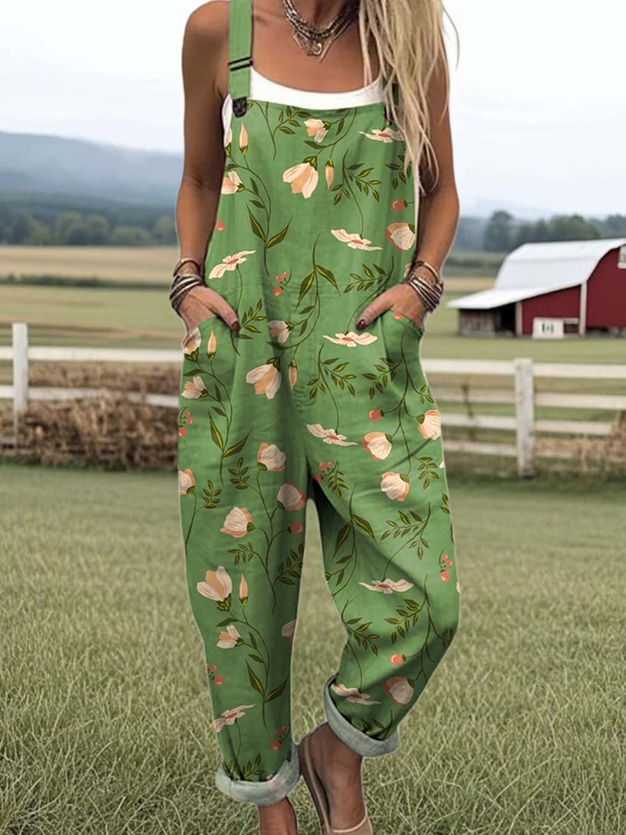Women's Lovely Floral Art Print Casual Cotton Wide Leg Jumpsuit