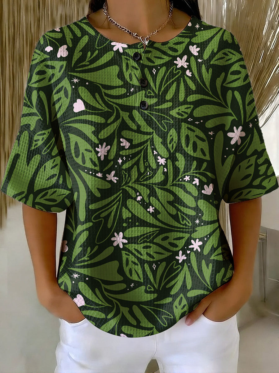 Women's Vintage Flowers Pattern Printed Casual Cotton Waffle Knit Sweatshirt