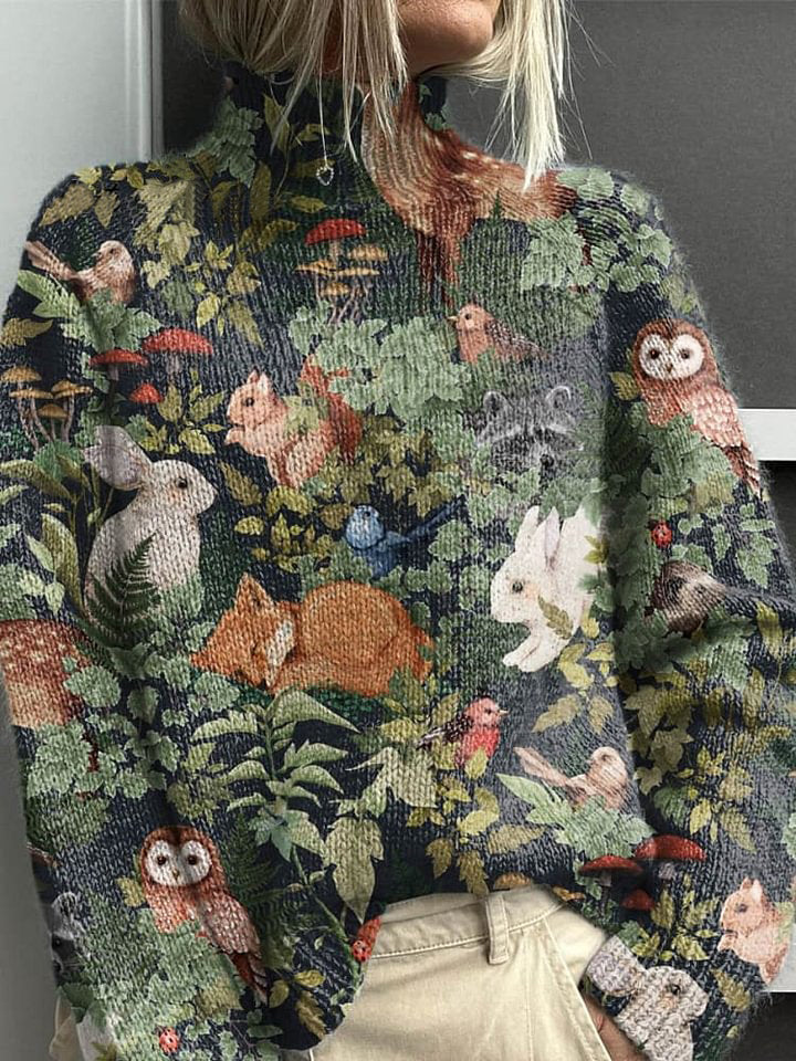 Women's Lovely Floral Animals Art Print Knit Turtleneck Pullover Sweater