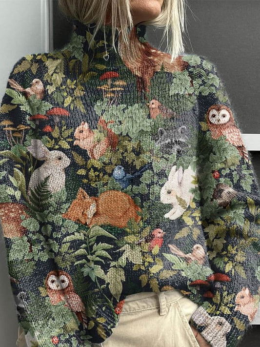 Women's Lovely Floral Animals Art Print Knit Turtleneck Pullover Sweater