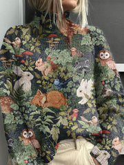 Women's Lovely Floral Animals Art Print Knit Turtleneck Pullover Sweater