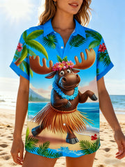 Women's Moisture-wicking  Canadian Ombre Moose Beach Chest Pocket Hawaiian Shirt