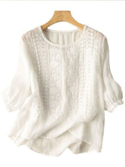 Women's Mid Sleeve Cotton And Linen Embroidery Blouse