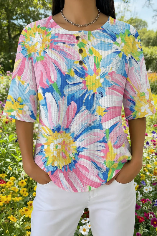Womens Rainbow Tie Dye Floral Print Casual Waffle Cotton Shirt