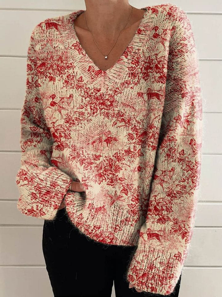 Women's Lovely Dogs Floral Art Print Casual V-neck Knit Pullover