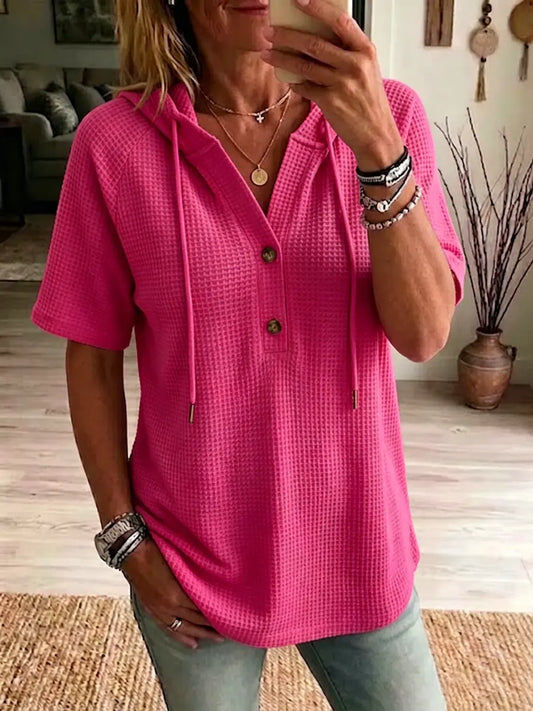 Women's Hooded Waffle Knit Short-sleeve Top