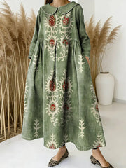 Women Vintage Floral Pattern Art Print Casual Denim Dress