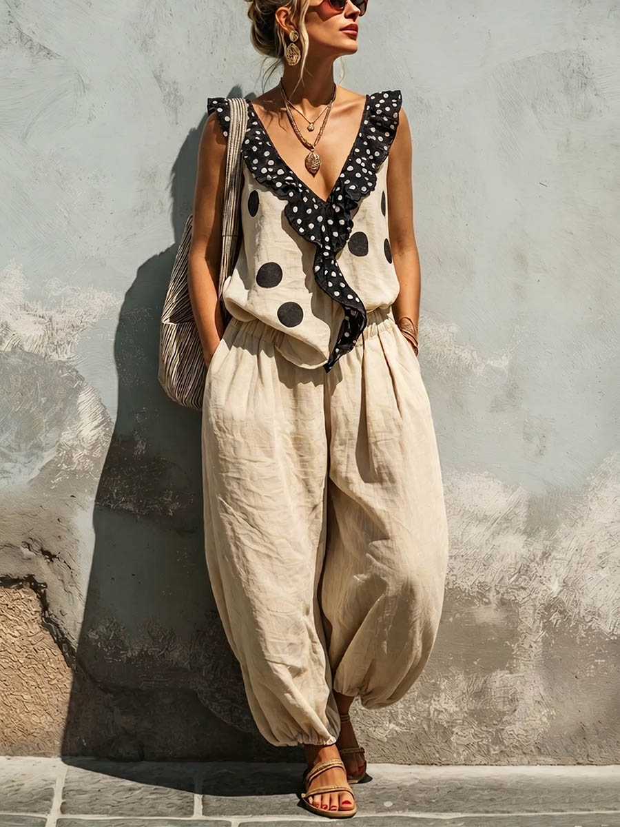 Women's Polka Dot Print V-neck Sleeveless Loose-fit Cotton-linen Top & Elastic-waist Wide-leg Pants Set