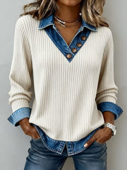 Daily Knitted White V Neck Long Sleeve Contrast Casual Denim Blouses