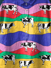 Rainbow Cow Art Pattern Print Casual Cotton And Linen Shirt