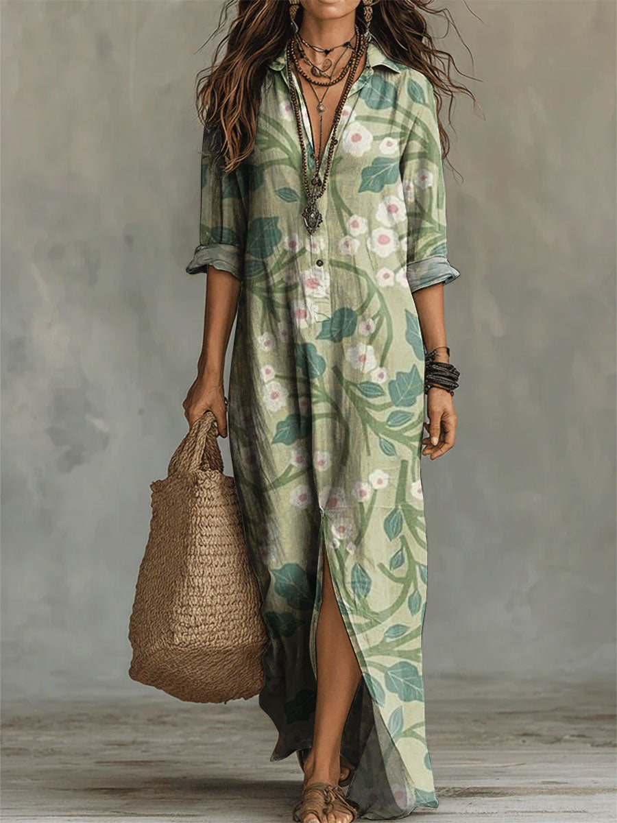 Women's Flower Print Casual Solid-color Linen-cotton Dress