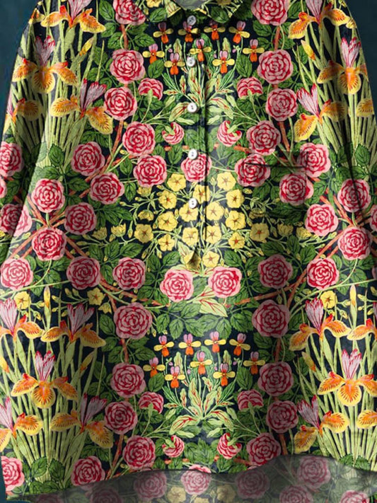 Vintage Floral Art Print Casual Cotton And Linen Shirt