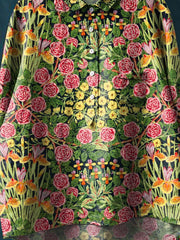 Vintage Floral Art Print Casual Cotton And Linen Shirt