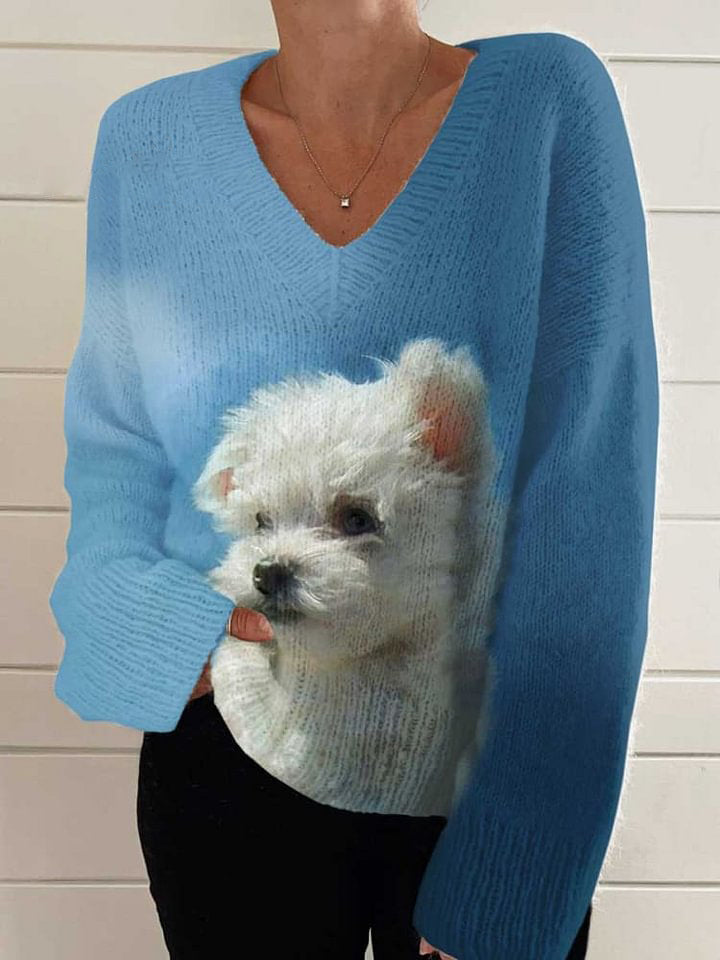 Cute Dog Casual V-neck Pullover Knit
