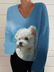 Cute Dog Casual V-neck Pullover Knit