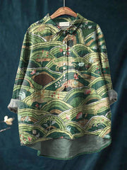 Vintage Lovely Floral Art Print Casual Cotton And Linen Shirt