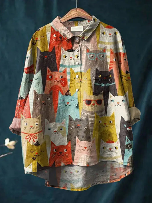 Women's Cute Cat Art Print Casual Cotton And Linen Shirt