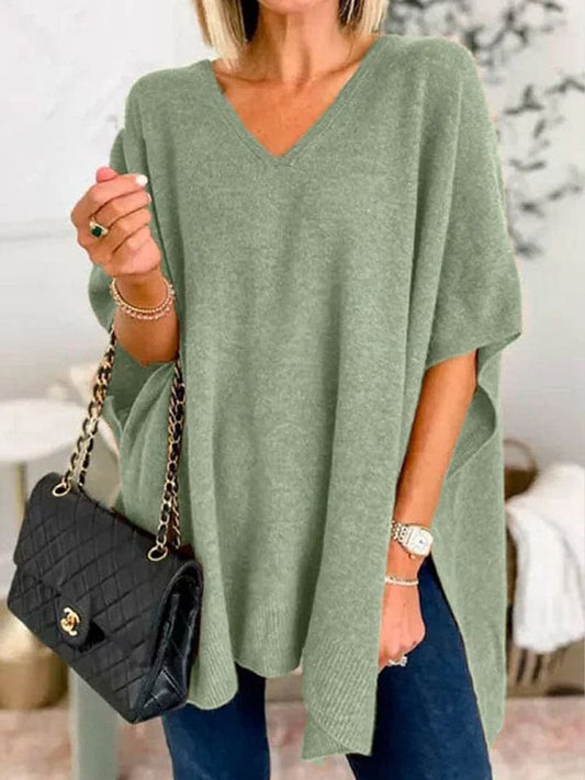 Women's Bat Sleeve Solid Color V-Neck Pullover Poncho Sweater