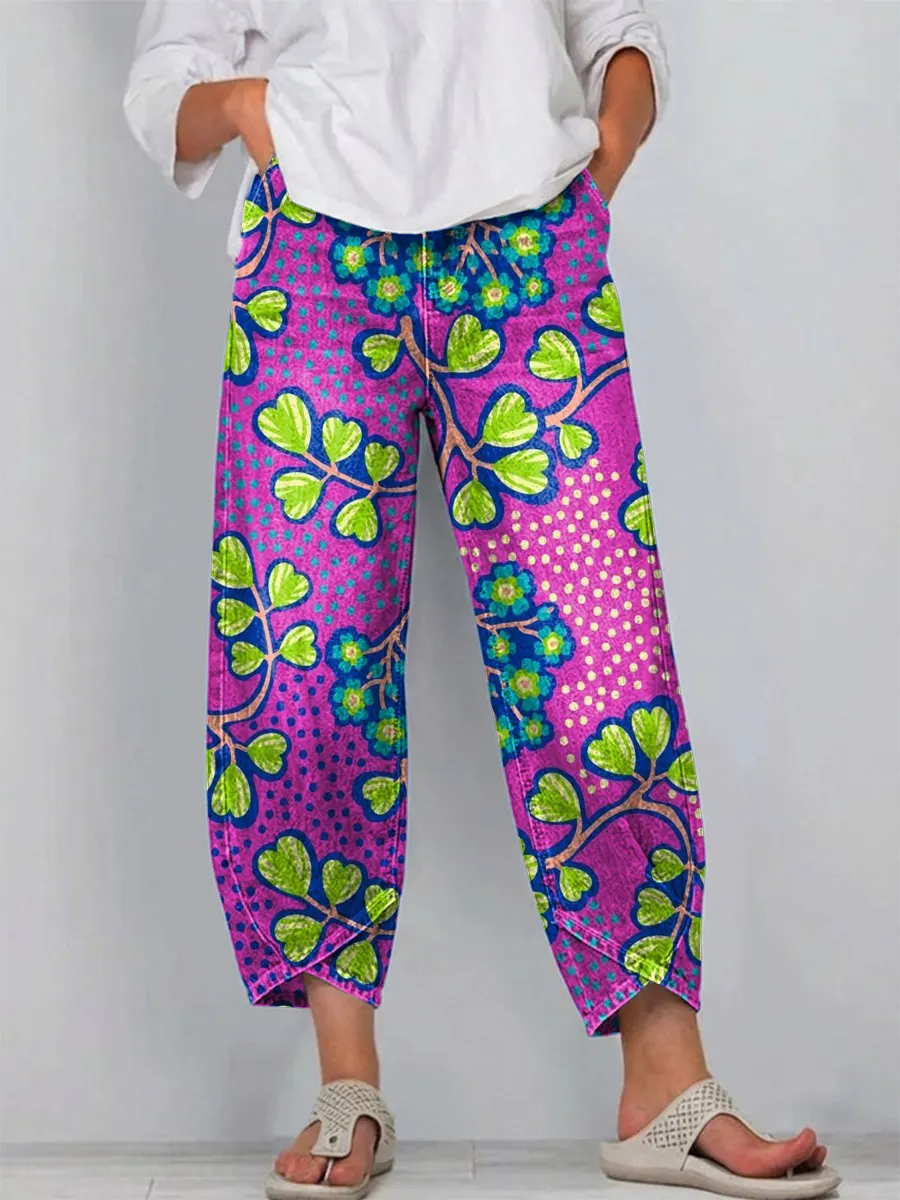 Women's Vintage Floral Pattern Art Print Casual  Denim Pants