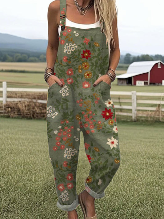Women's  Vintage Flower Art Print Casual Cotton Wide Leg Jumpsuit