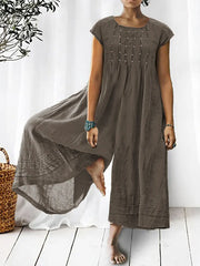 Women's Solid Color Art Casual Short Sleeve Cotton Linen Jumpsuit
