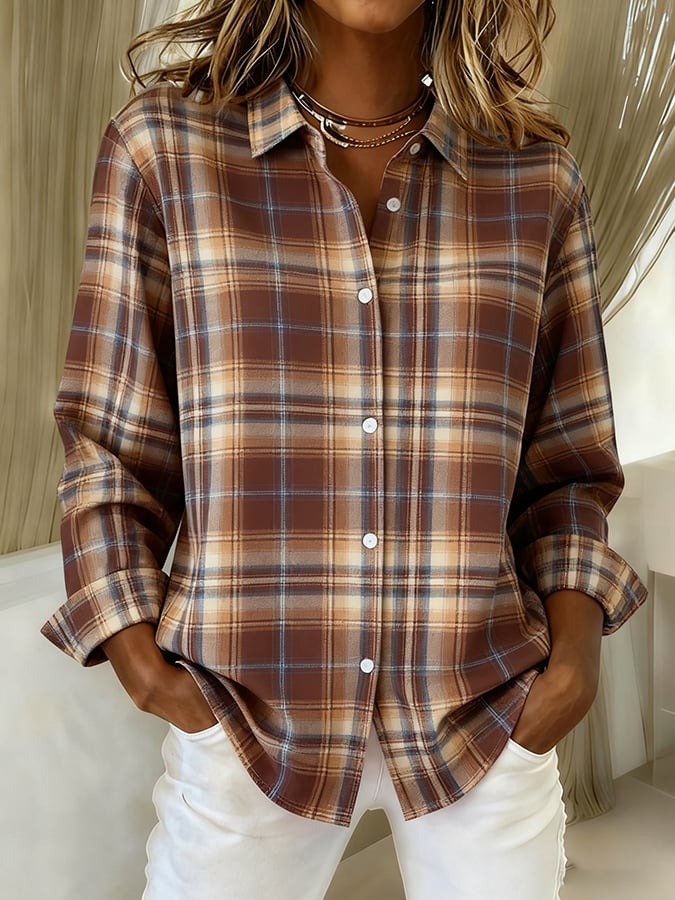 Women's Casual Contrast Color Autumn And Winter Retro Plaid Print Shirt