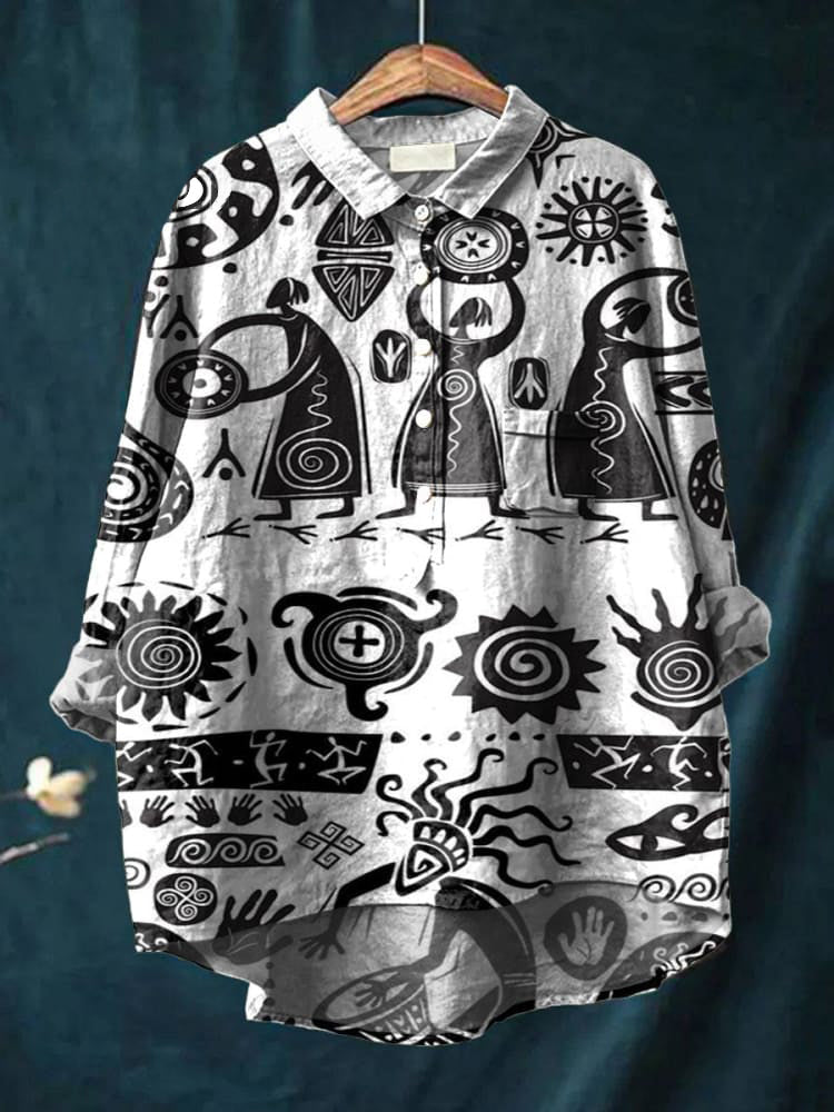 Retro Mural Style Decoration Casual Cotton And Linen Shirt