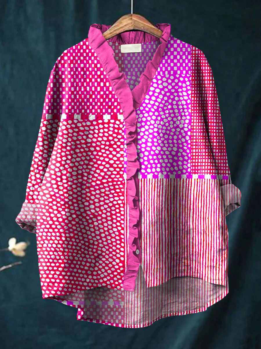 Women's Bright Abstract Polka Dot Art Print Casual Cotton And Linen Ruffle Shirt