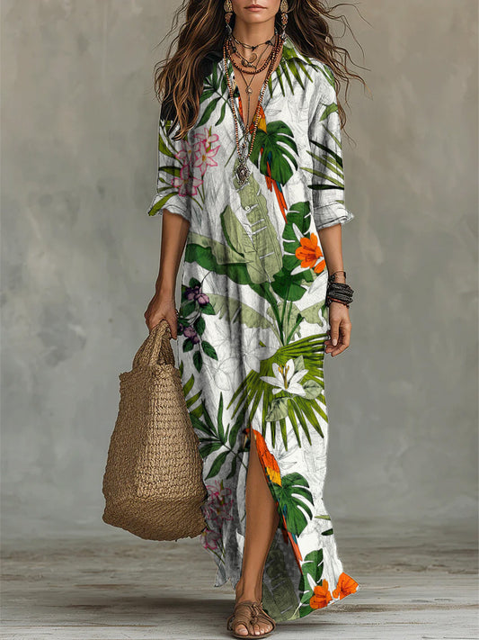Women's Tropical Jungle Decorative Patterns Long Sleeve 100%cotton Dress