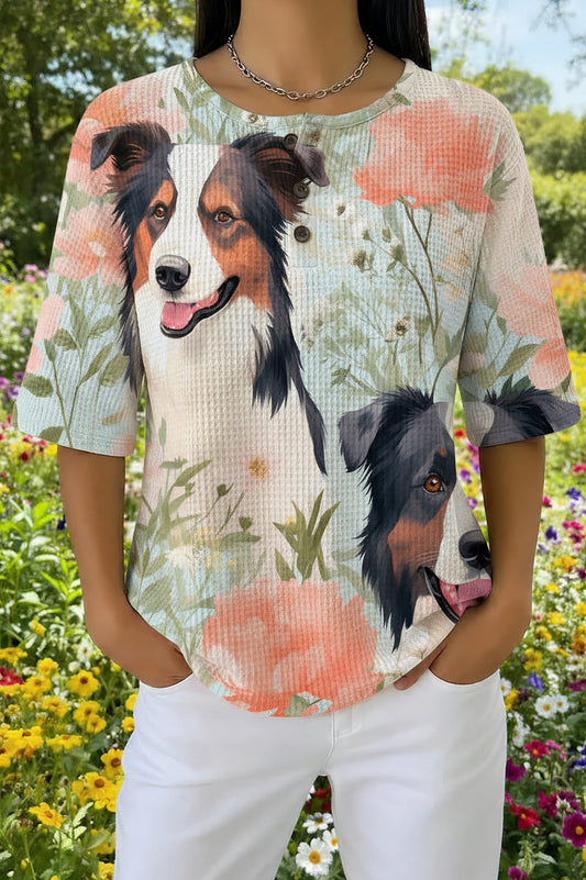 Womens Peach Dog Floral Print Casual Waffle Cotton Shirt
