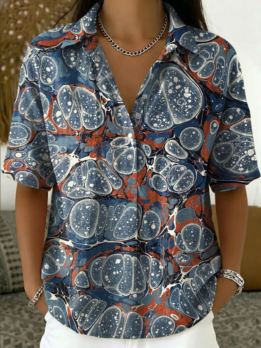 Women's Vintage Botanical Floral Casual Polo Collar Short-sleeved Linen And Cotton Shirt