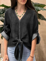 Women's V-neck Long-sleeved Tie-waist Loose-fitting Denim Top