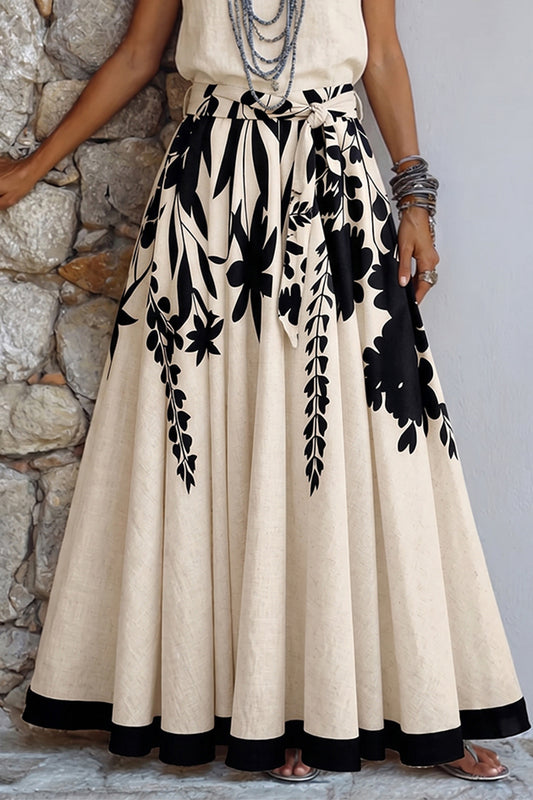 Womens Artistic Floral Leaf Print Cotton Linen Top And Skirt Set