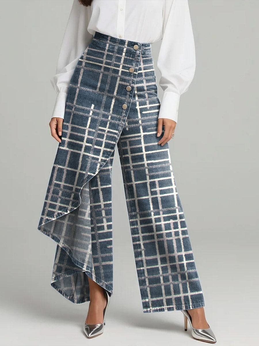 Women's Vintage Plaid Patterns Print High-waisted Relaxed Fit Wide-leg Jeans With A Stylish Design