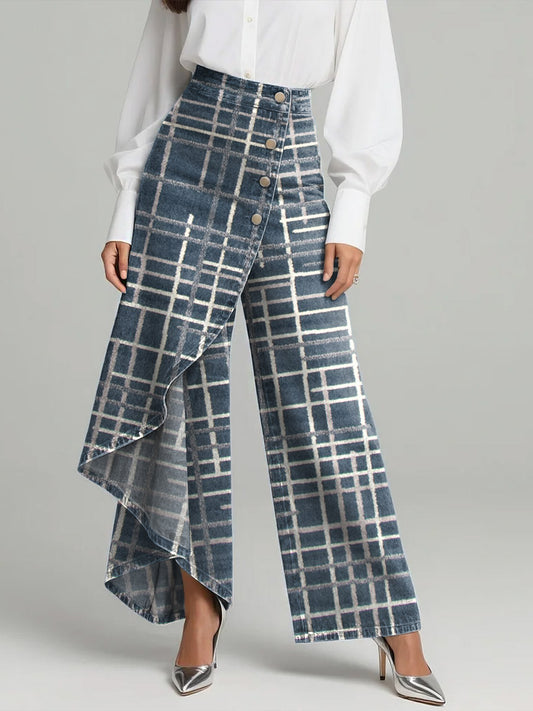 Women's Vintage Plaid Patterns Print High-waisted Relaxed Fit Wide-leg Jeans With A Stylish Design