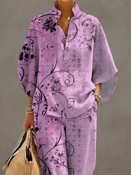 Women's Retro Floral Art Print Casual 3/4 Sleeve Top And Pants Cotton Linen Suits