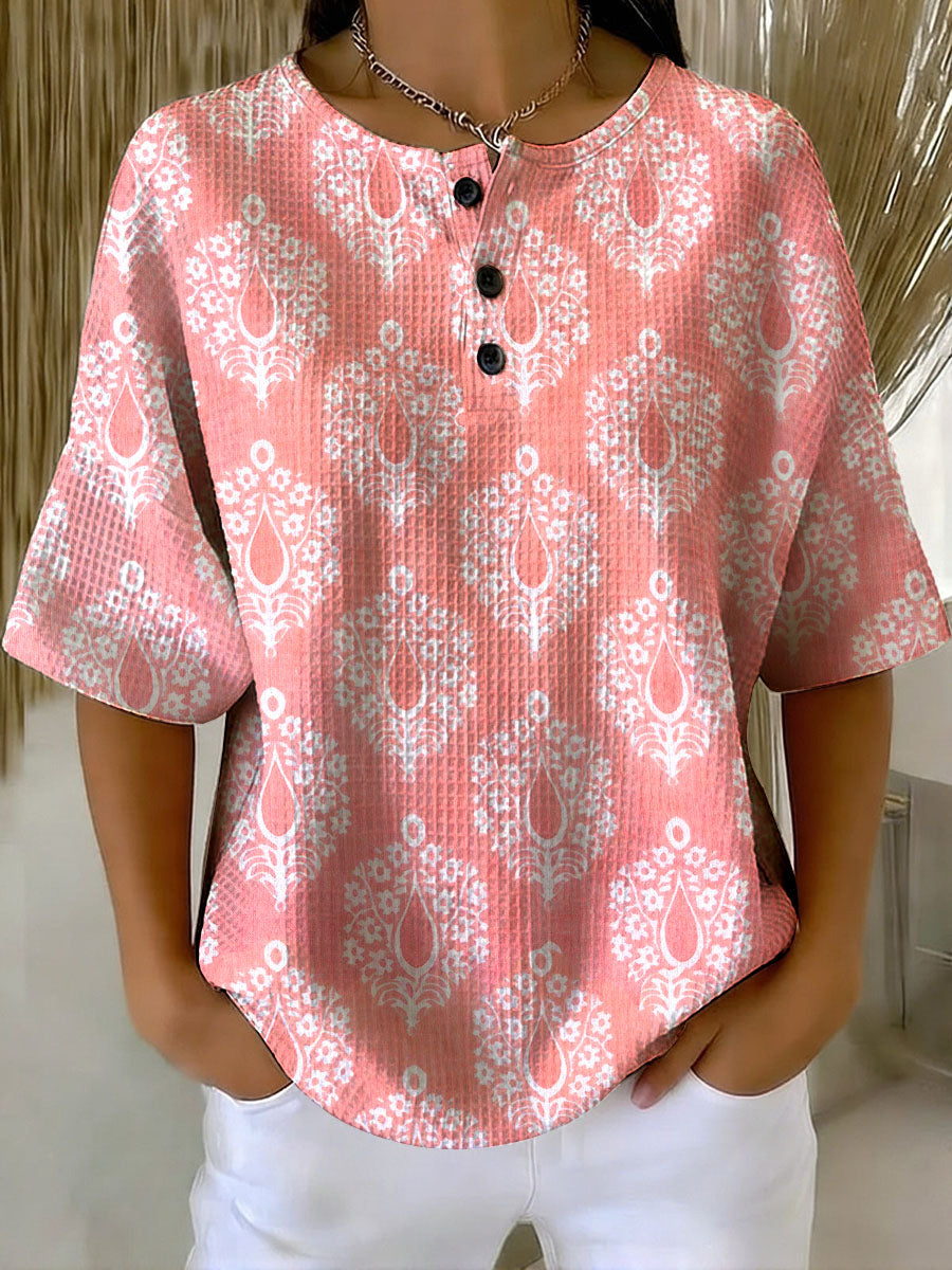 Women's Vintage Hippie Flowers Pattern Printed Casual Cotton Waffle Knit Sweatshirt
