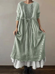 Women's Solid Color Round Neck Long Sleeve Casual Loose Tie-Drawstring Dress