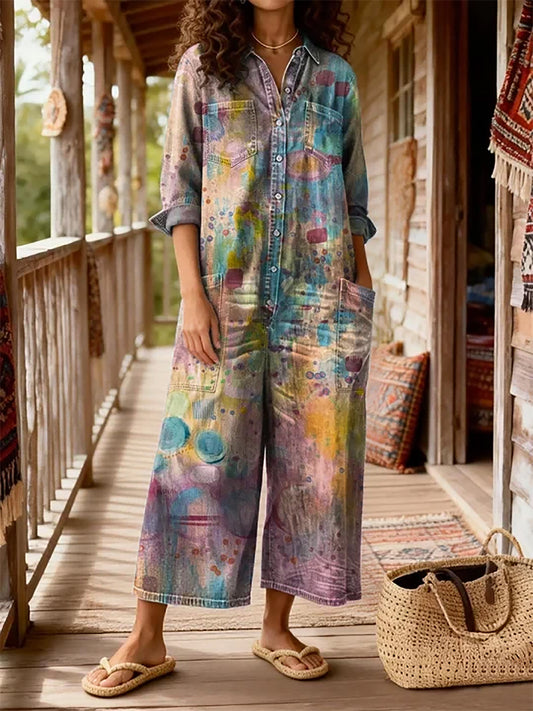Women's Vintage Bohemian Art Print Casual Washed Cotton linen Denim Jumpsuit