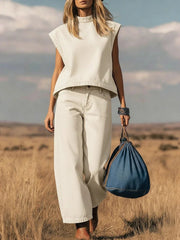Women's Stand-collar Sleeveless Casual Loose Top And High-waisted Loose Wide-leg Denim Pants Set.
