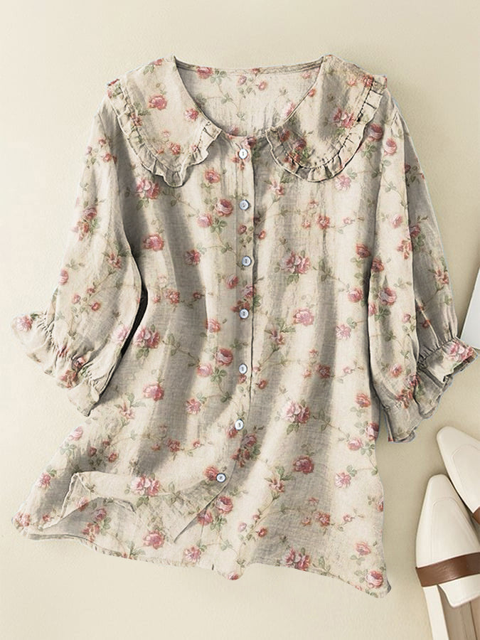 Vintage Floral Loose Cotton and Linen Peter Pan Ruffle Collar Shirt