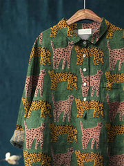 Women's Cute Leopard  Art Print Casual Cotton And Linen Shirt
