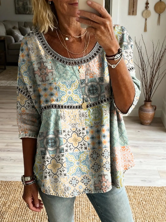 Ethnicity Patchwork Totem Women's Art Print Casual Round Neck Cutout Top