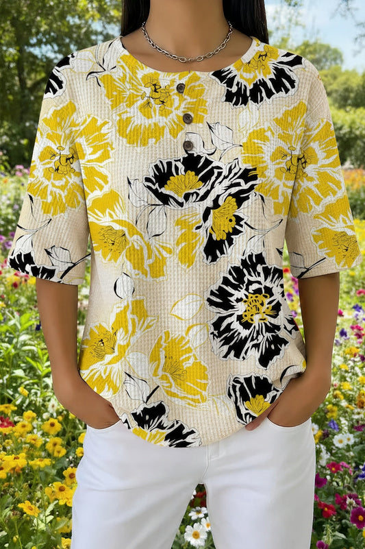 Womens Yellow Black Contrast Floral Print Casual Waffle Cotton Shirt