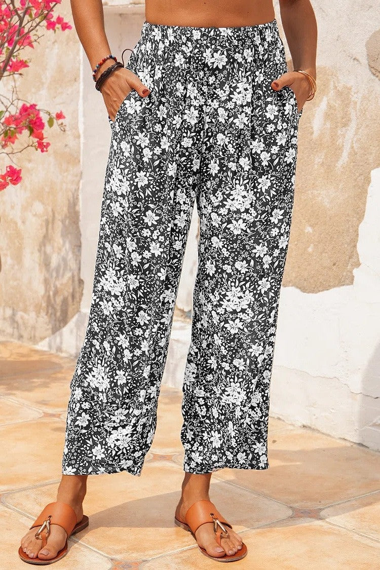 Floral Print with Pockets Elastic Waist Pants