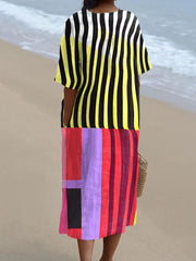 Retro Abstract Color Block Art Print V-Neck Midi Dress