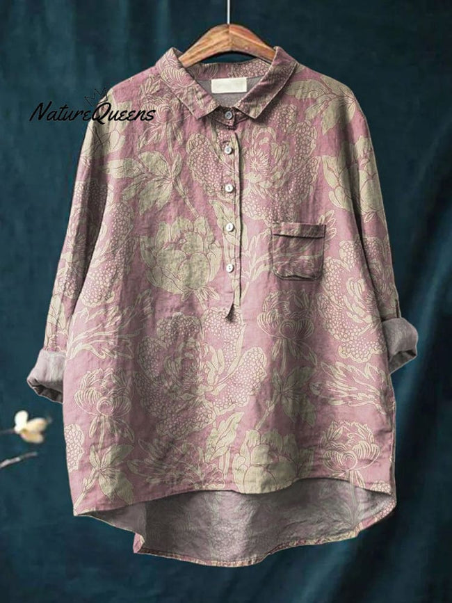 Women's Vintage Floral Art Print Casual Cotton And Linen Shirt
