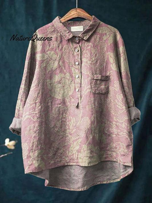 Women's Vintage Floral Art Print Casual Cotton And Linen Shirt